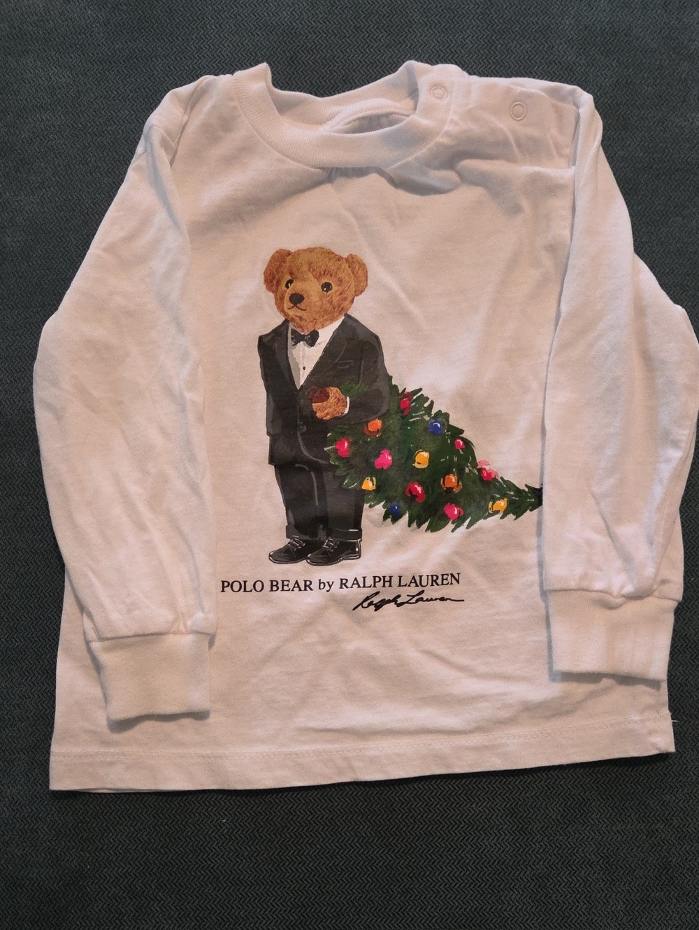 Ralph Lauren White Long-Sleeve Polo Bear Tee with Festive Tree